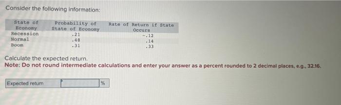  Consider the following information: Calculate the expected return. Note: Do not