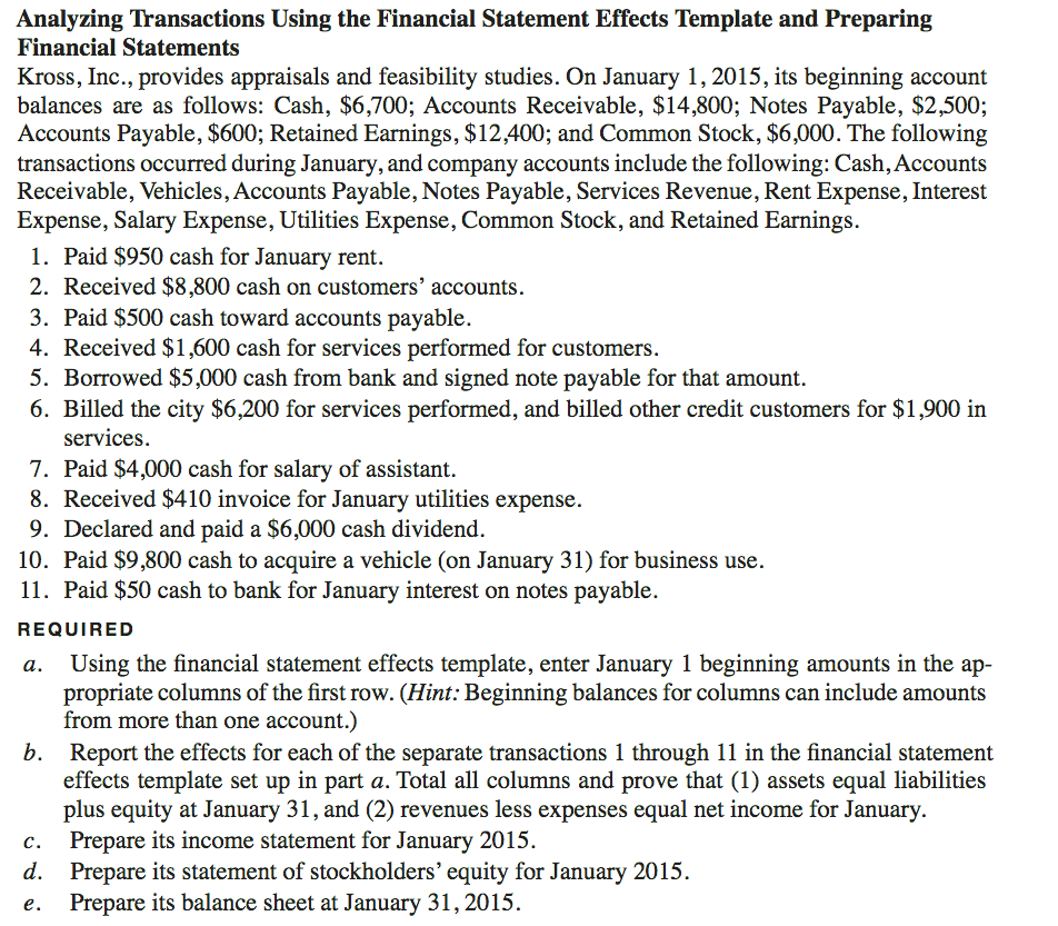 Analyzing Transactions Using the Financial Statement Effects Template and Preparing Financial