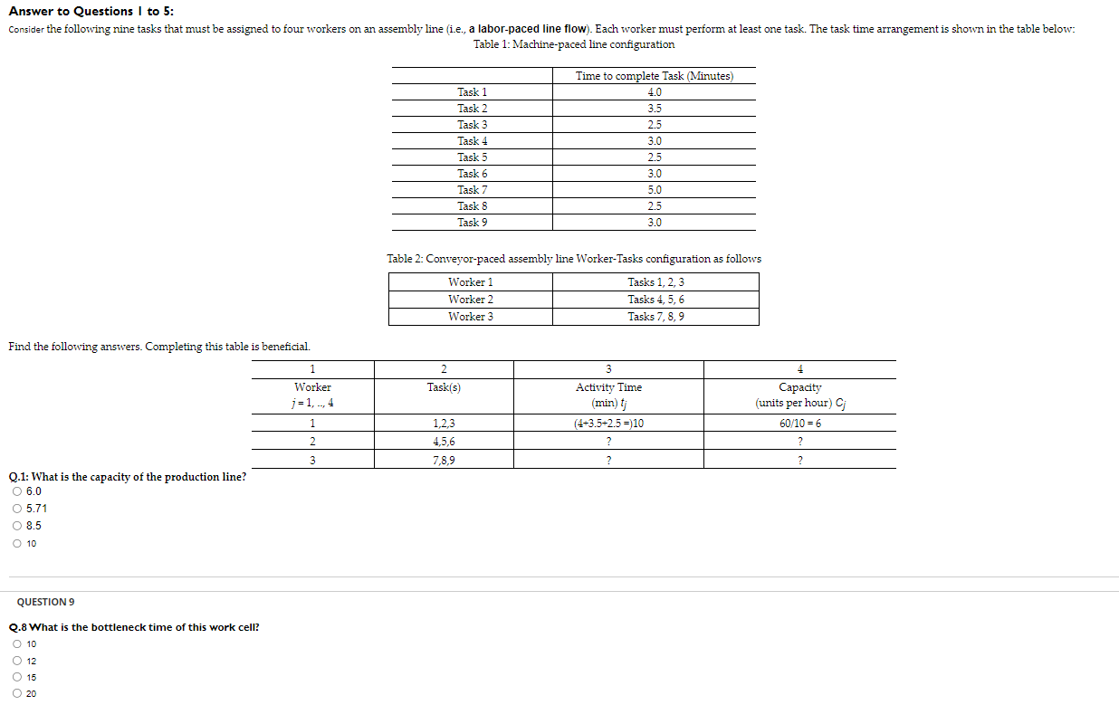 Please provide a clear step-by-step solution. Thank you! Table 2: Conveyor-paced assembly