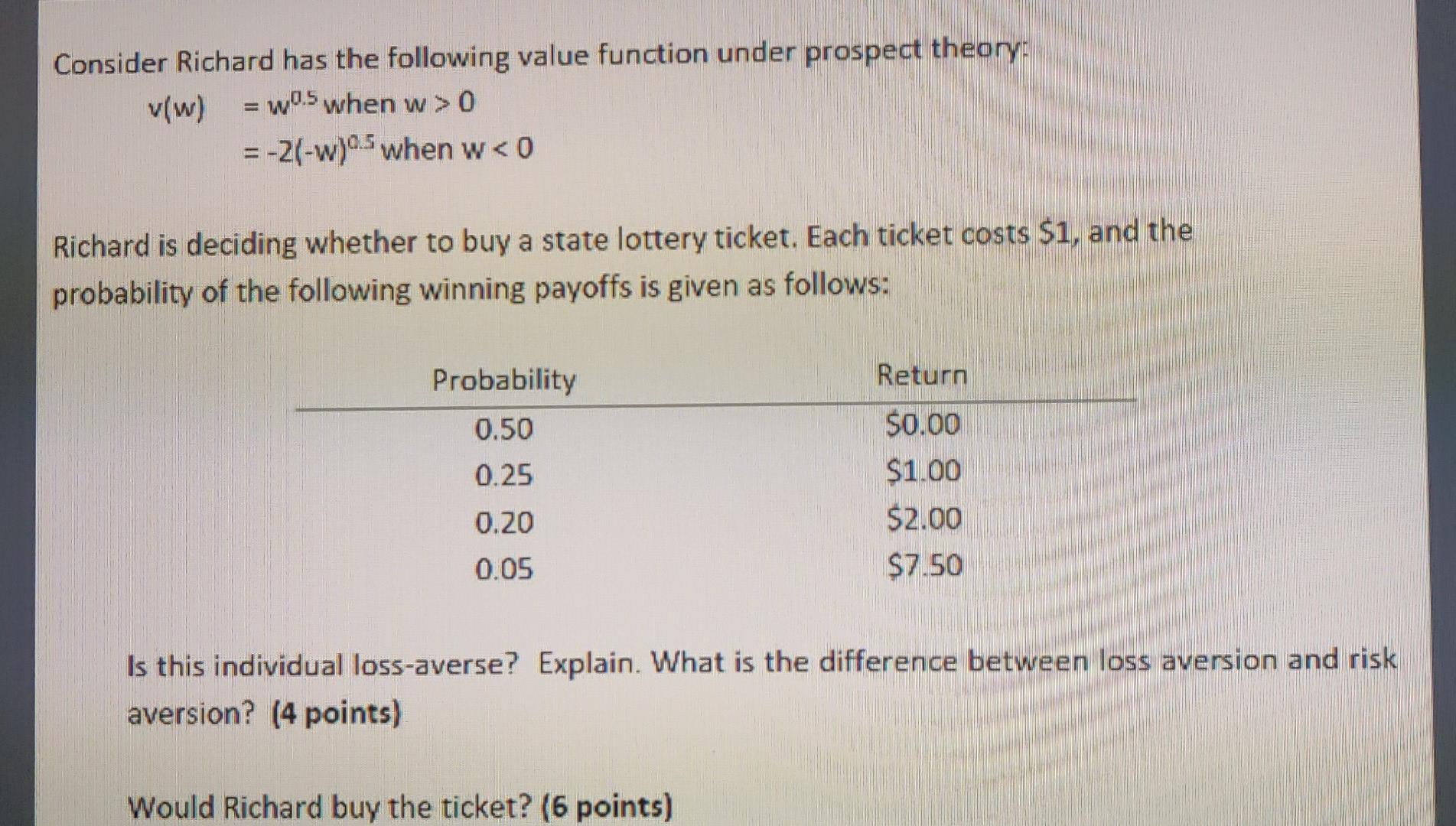 Consider Richard has the following value function under prospect theory: v(w)