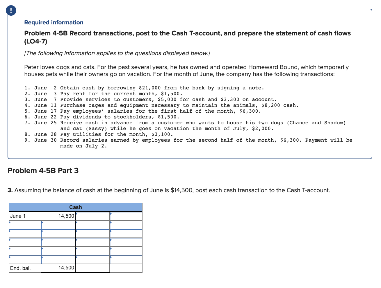 Required information Problem 4-5B Record transactions, post to the Cash T-account,