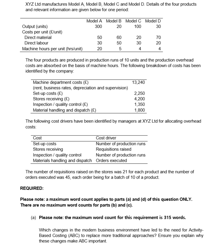  XYZ Ltd manufactures Model A, Model B, Model C and Model