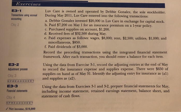  do number E3-3 Exercises E3-1 Transactions using accrual accounting Obj 2