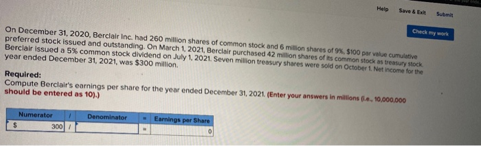 Help Save & Exh Submit Check my work On December 31,