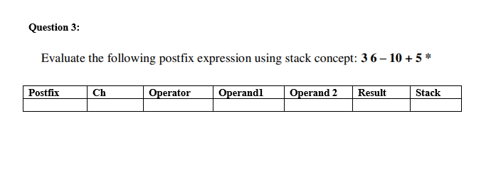  Question 3: Evaluate the following postfix expression using stack concept: 36