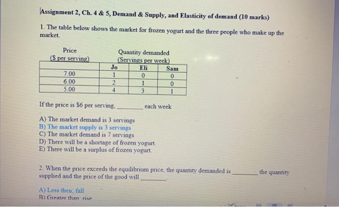 Assignment 2, Ch. 4 & 5, Demand & Supply, and Elasticity