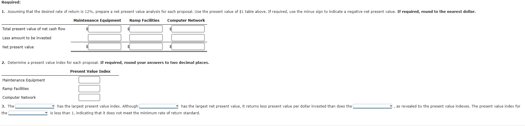service company \begin{tabular}{cccc} & MaintenanceEquipment & RampFacilities & ComputerNetwork \\ \hline Amount