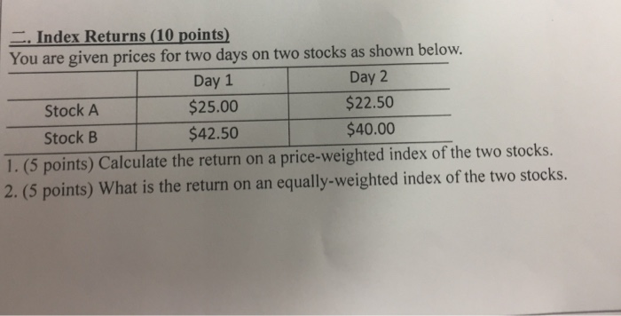  ?index Returns (10 points) You are given prices for two days
