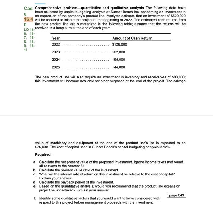  Cas Comprehensive problem-quantitative and qualitative analysis The following data have been