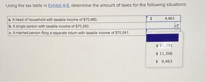 schedules Using the tax table in Exhibit 46 , determine the amount