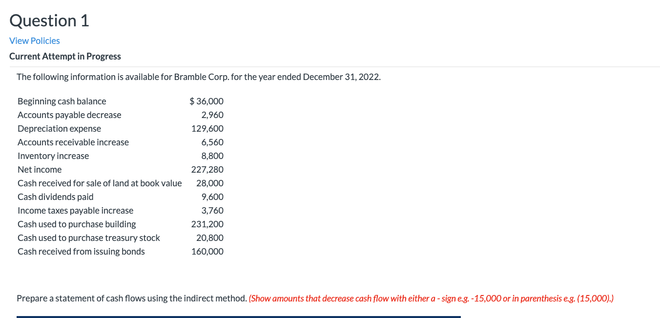 Question 1 View Policies Current Attempt in Progress The following information