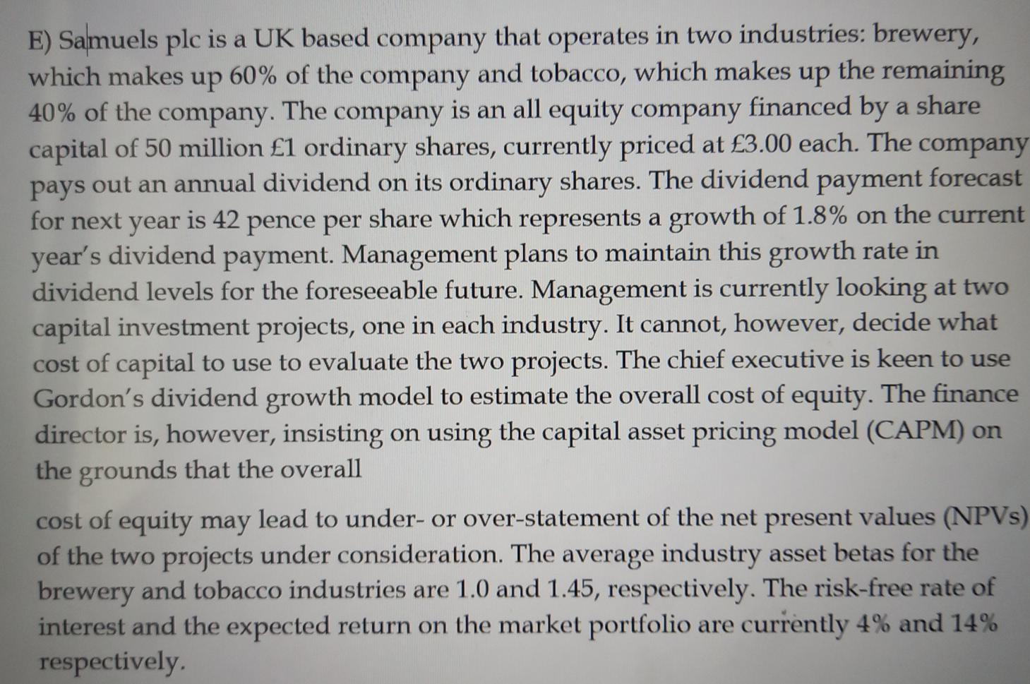  help please E) Samuels plc is a UK based company that