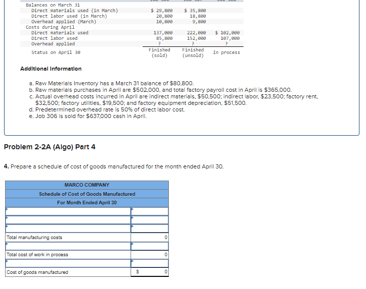 costs for three jobs worked on in April. Adelitional Information a. Raw