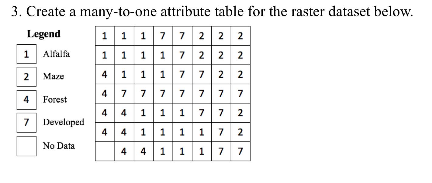 Create a many-to-one attribute table for the raster dataset below