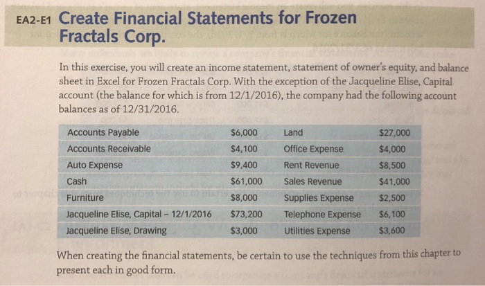  Please help guys. Include calculations if any! EA2-E1 Create Financial Statements