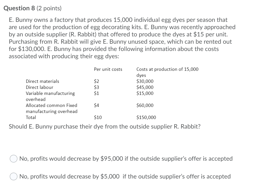 Question 8 (2 points) E. Bunny owns a factory that produces