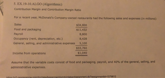  5. EX.19-10.ALGO (Algorithmic) Contribution Margin and Contribution Margin Ratio For a