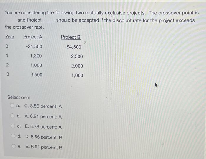 You are considering the following two mutually exclusive projects. The crossover