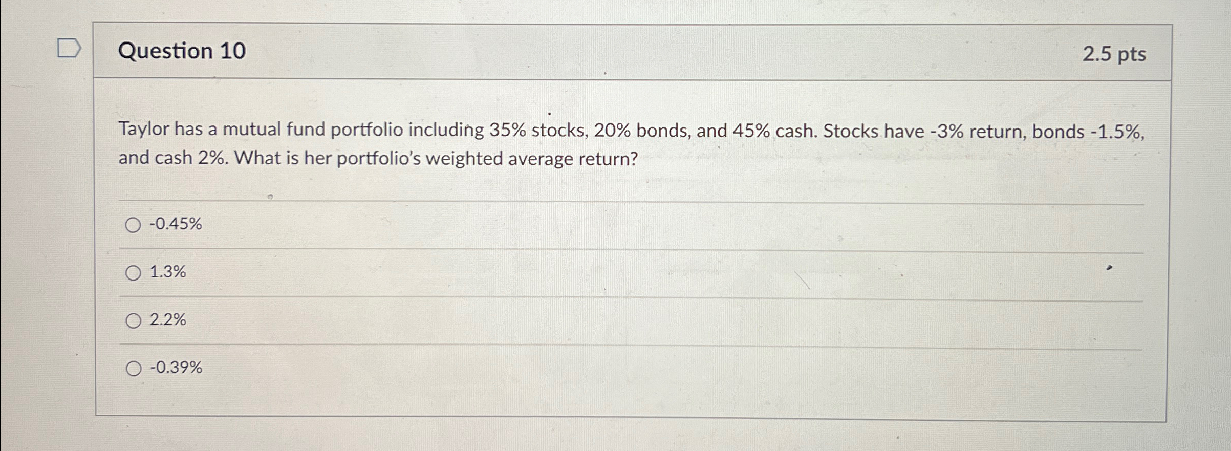  Question 10 2.5pts Taylor has a mutual fund portfolio including 35%