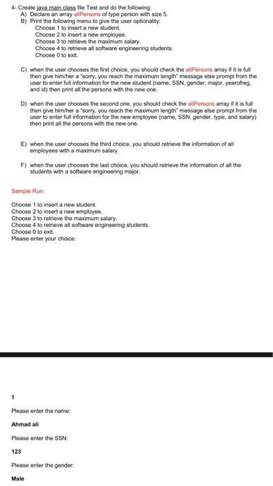 properties: > Person -name:String -gender:String -SSN:long +constructors (you should include all the