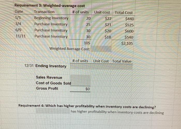 20 $22 $440 3/4 Purchase Inventory 25 $21 $525 6/9 Purchase Inventory