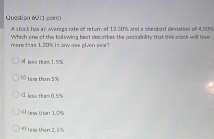 pls help Question 60 (1 point) A stock has an average rate