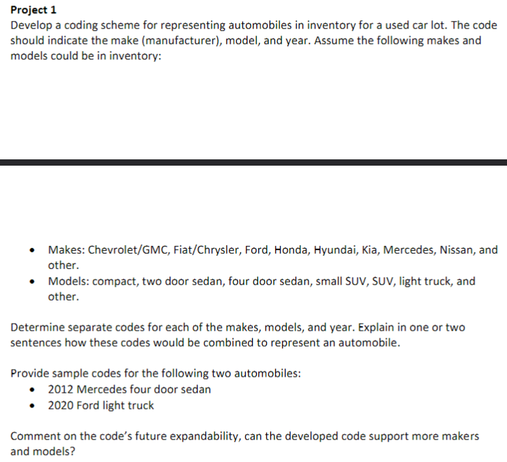  Project 1 Develop a coding scheme for representing automobiles in inventory