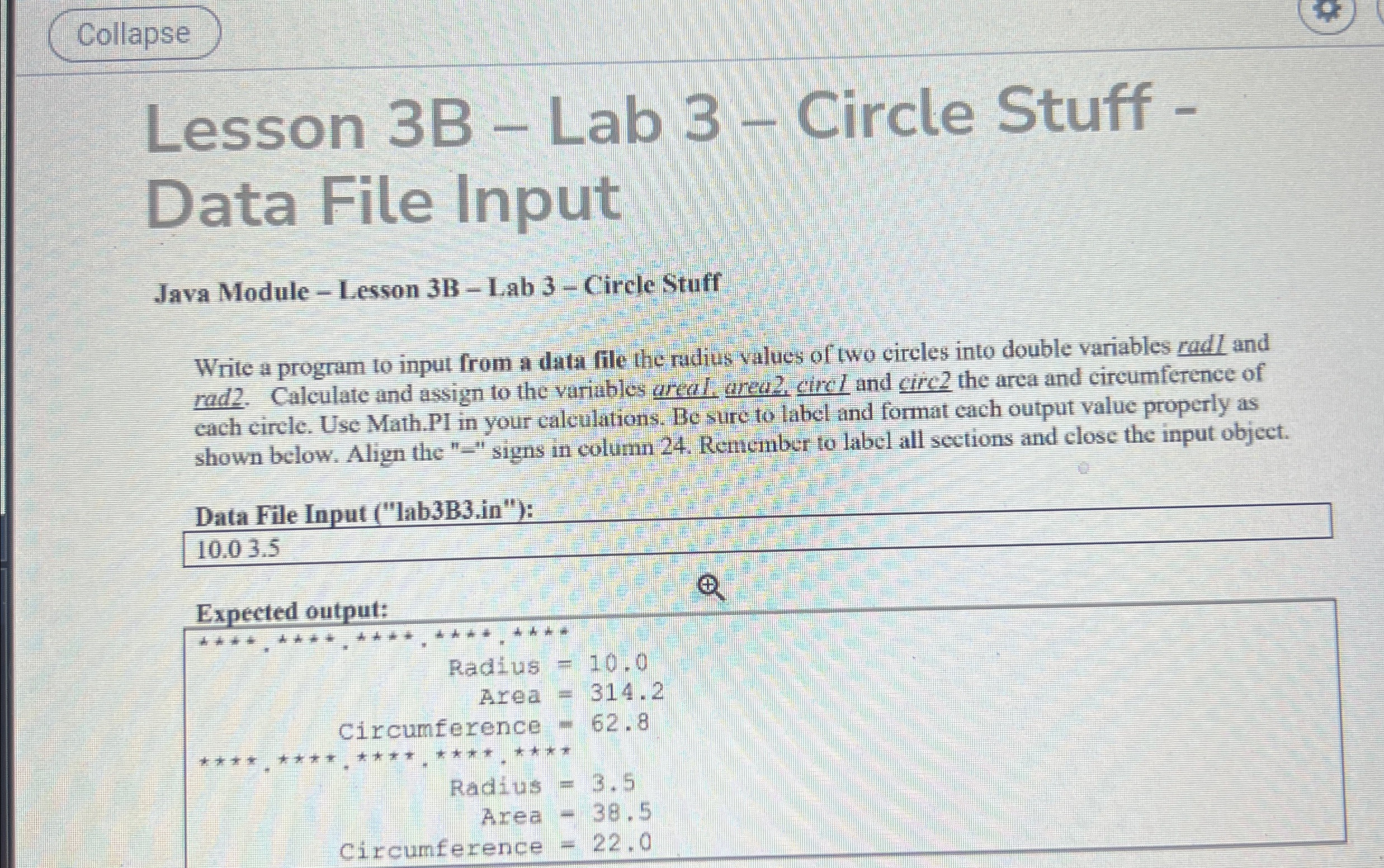  Collapse Lesson 3B- Lab 3- Circle Stuff Data File Input Java