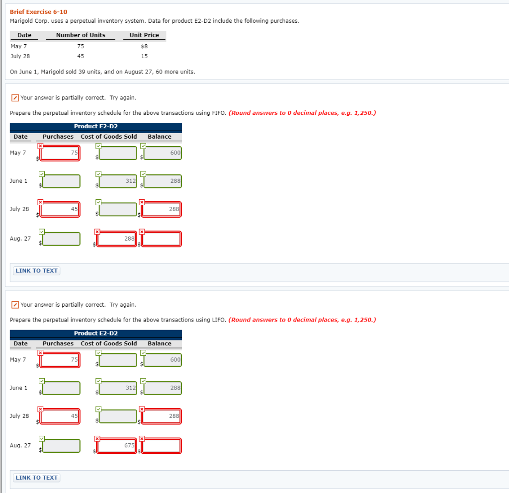  Brief Exercise 6-10 Marigold Corp. uses a perpetual inventory system. Data