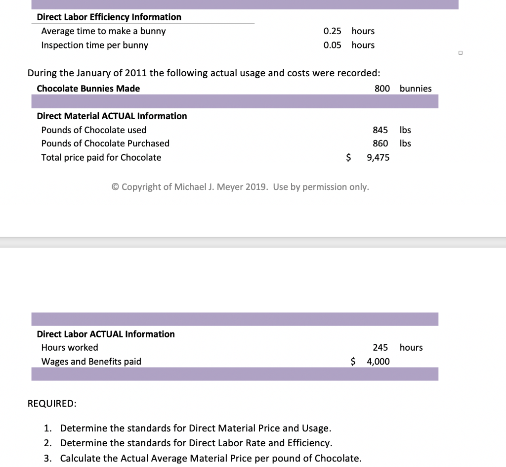  Direct Labor Efficiency Information hours Average time to make a bunny