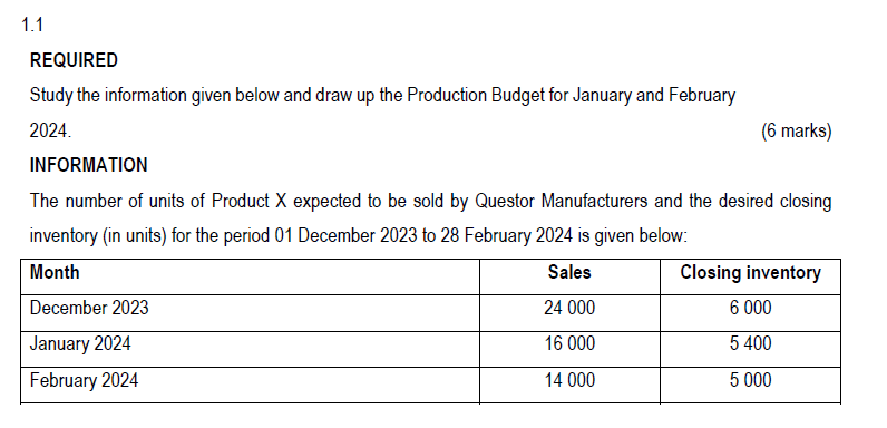 1.1 REQUIRED Study the information given below and draw up the Production