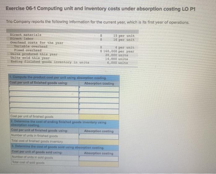  Exercise 06-1 Computing unit and inventory costs under absorption costing LO