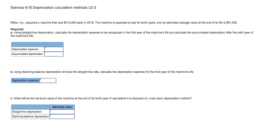  Exercise 6-13 Depreciation calculation methods LO 3 Millco, Inc., acquired a