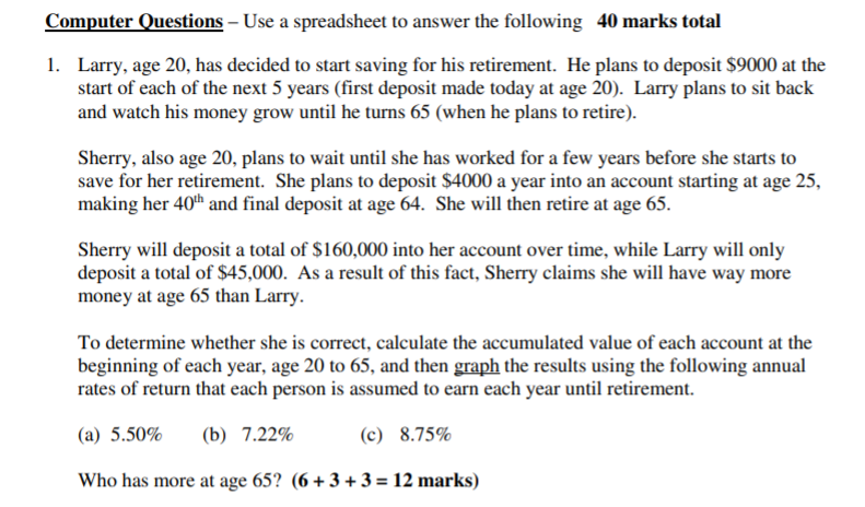 Computer Questions Use a spreadsheet to answer the following 40 marks total