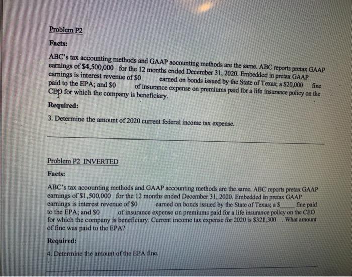 Tax rate 21%, please help ! Problem P2 Facts: ABC's tax accounting
