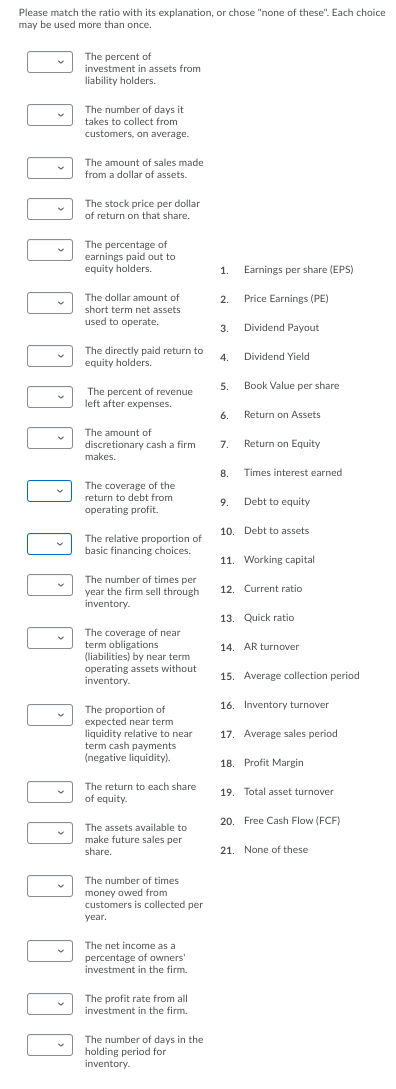 Please match the ratio with its explanation, or chose "none of