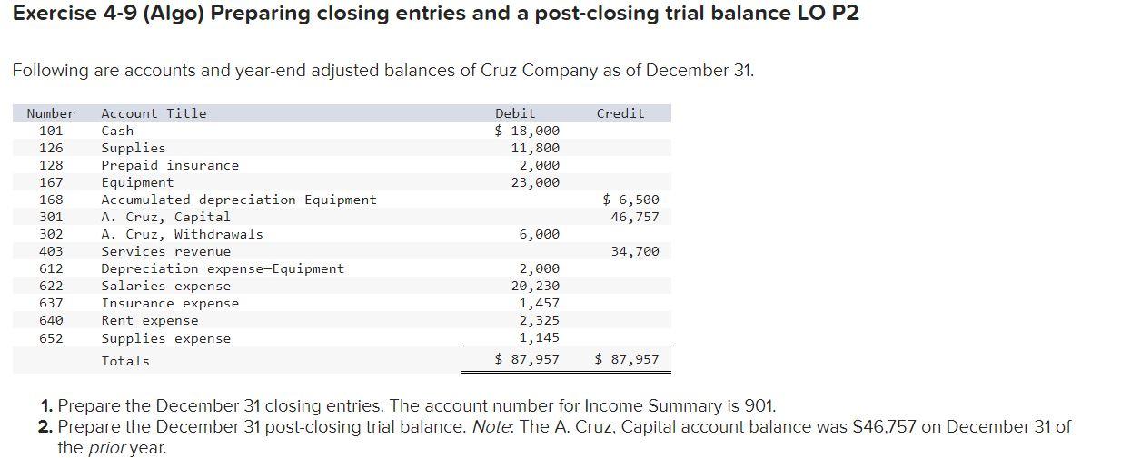  Exercise 4-9 (Algo) Preparing closing entries and a post-closing trial balance