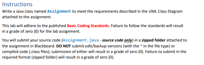  Instructions Write a Java class named Assignment to meet the requirements