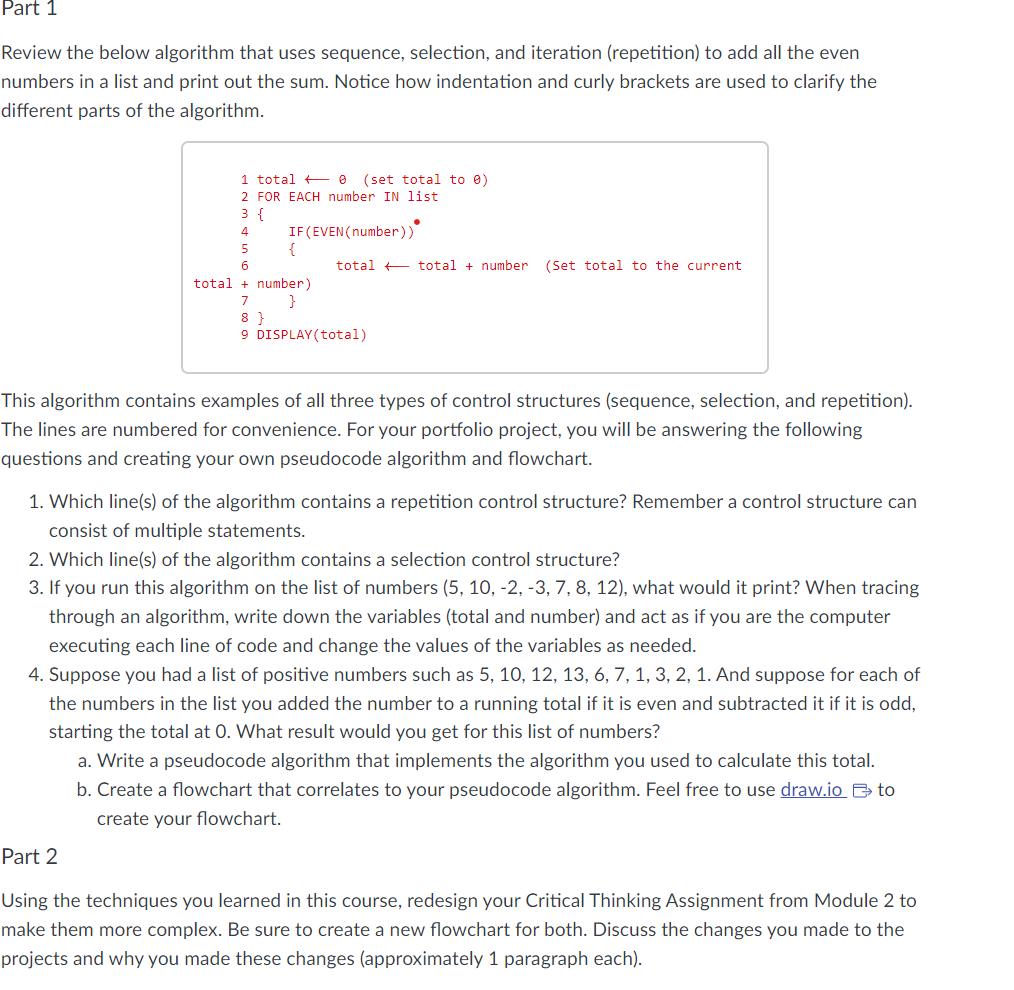  Part 1 Review the below algorithm that uses sequence, selection, and