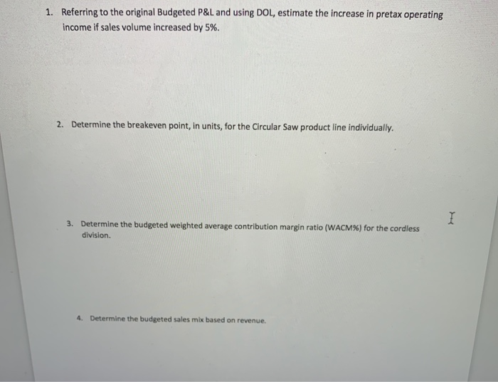 the budgeted P&L Statement for Pittsburgh Tools, Inc - Cordless Division. Pittsburgh