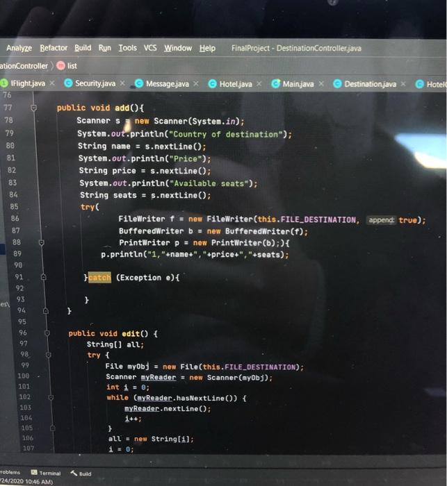 Controller edit IFlight.java Security.java Message java Hotel.java Mainjava ya Destinationjava Delu 96