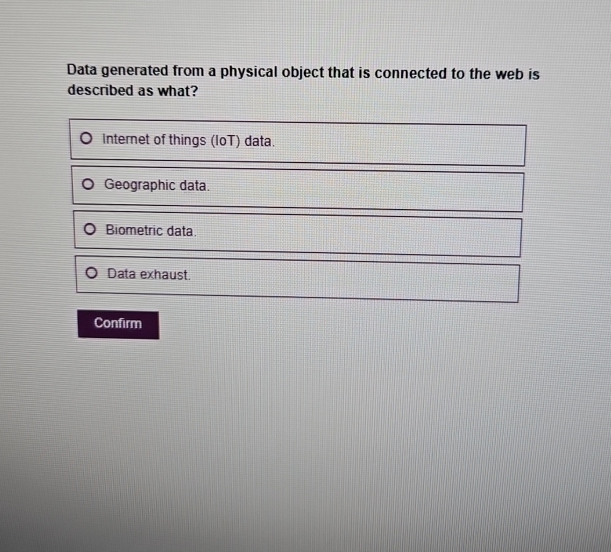  Data generated from a physical object that is connected to the