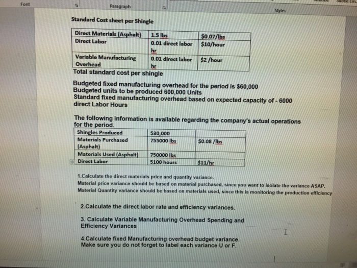  Font Paragraph Styles Standard Cost sheet per Shingle Direct Materials (Asphalt)