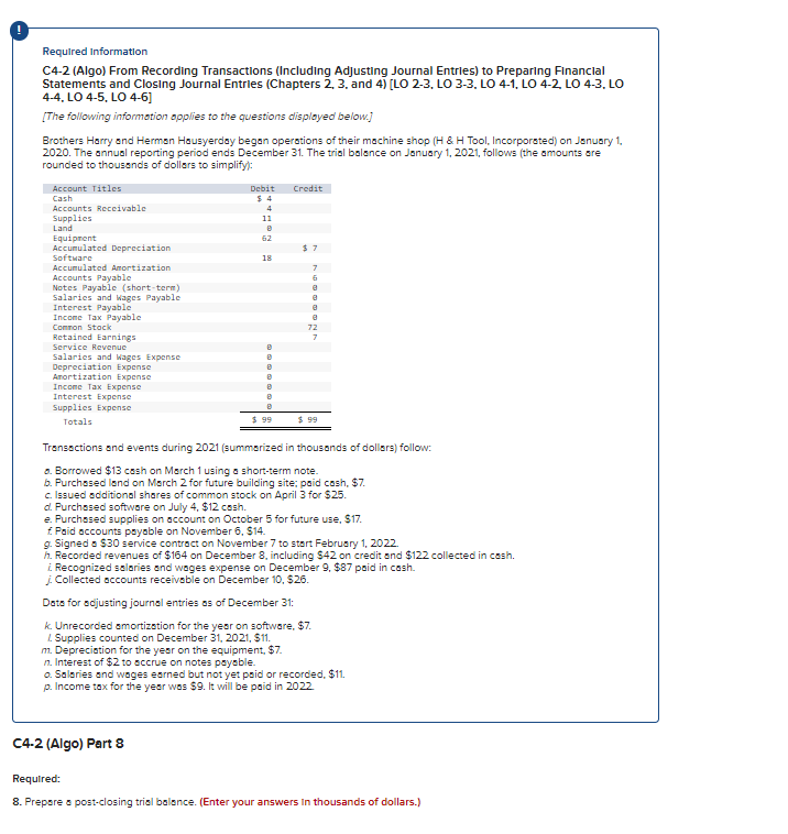 Please help with post-closing trial balance Required information C4-2 (Algo) From Recording