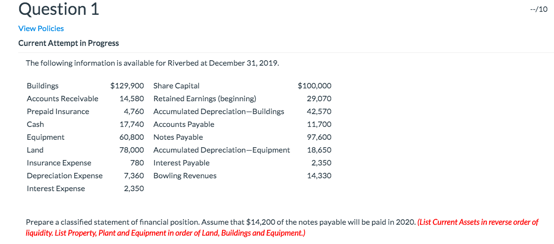  Question 1 --/10 View Policies Current Attempt in Progress The following