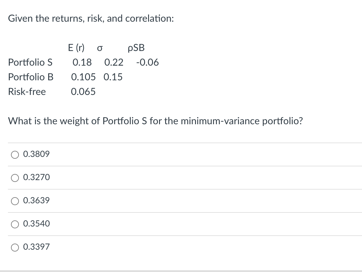 o psb Portfolio S 0.22 0.17 -0.25 Portfolio B 0.15 0.06 Risk-free