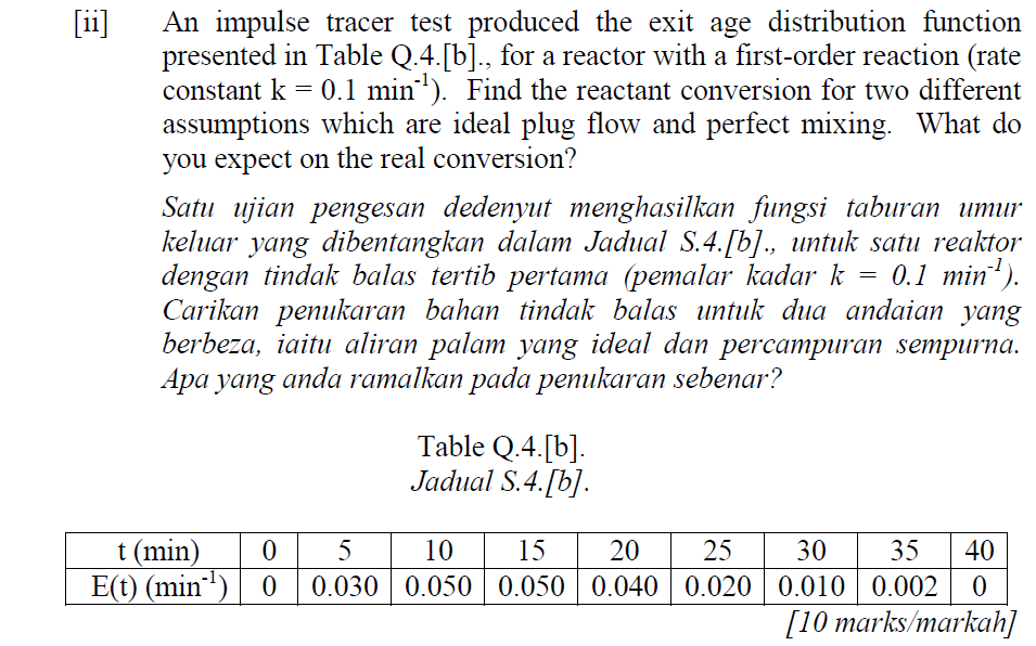  [ii] An impulse tracer test produced the exit age distribution function