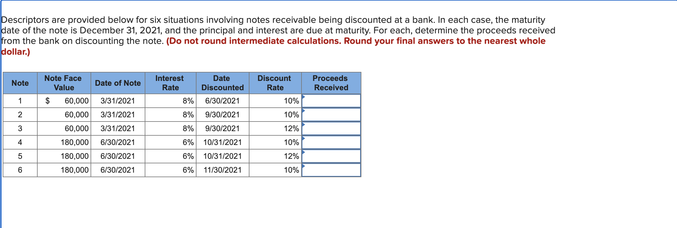  escriptors are provided below for six situations involving notes receivable being