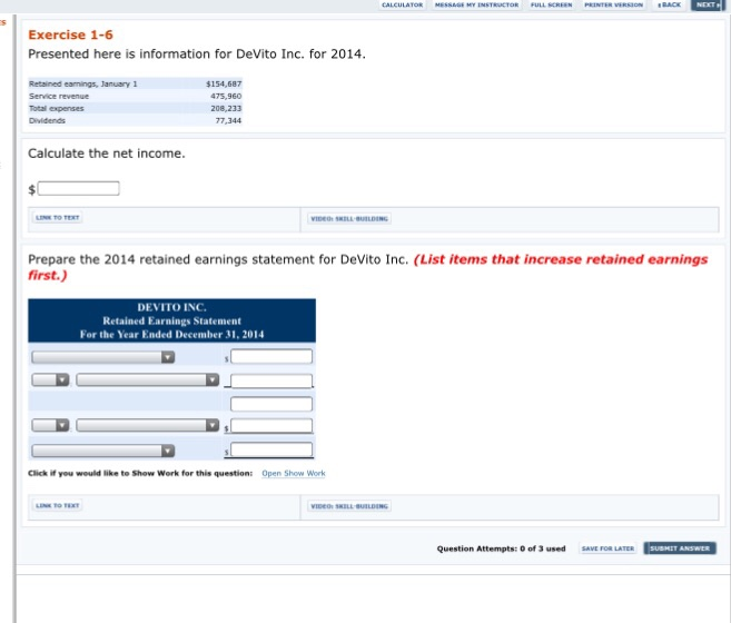  BACK Exercise 1-6 Presented here is information for DeVito Inc. for