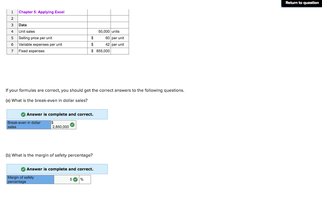  Return to question 1 Chapter 5: Applying Excel 3 Data 4